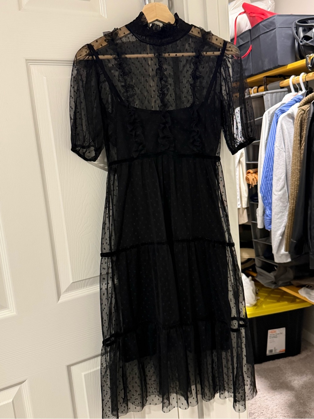 h&M Black Sheer Dotted Tiered Midi Dress